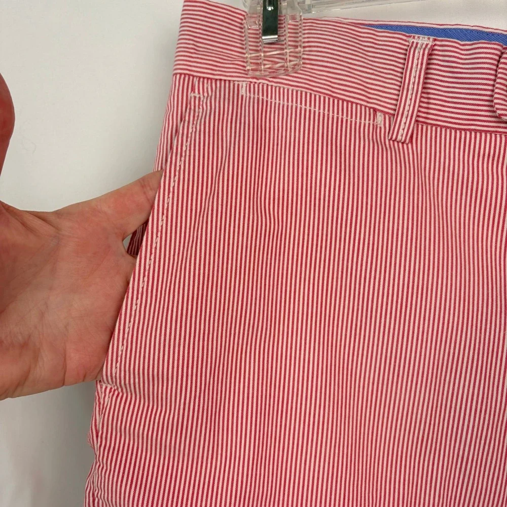 Peter Millar Seersucker Shorts Size 35 Pink/Red White Striped Flat Front Mens